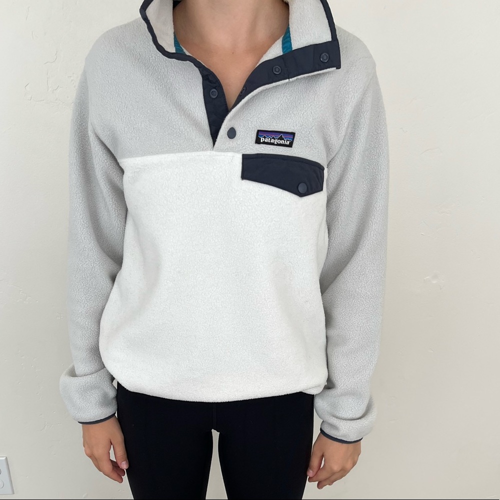 Women’s White and Gray Patagonia Synchilla Snap Up